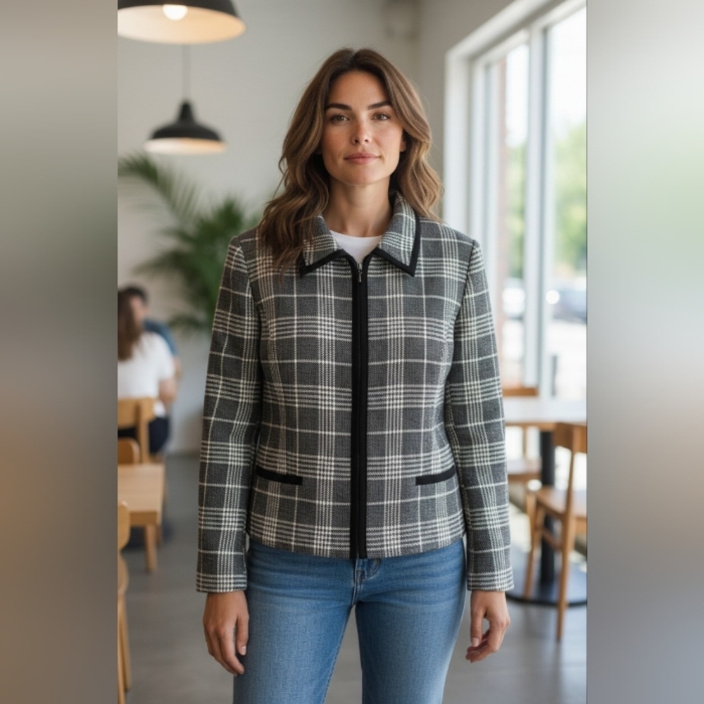 Vintage Ann Taylor Plaid‎ Jacket Blazer Size 8 Wool Blend Velvet Trim Zip Front